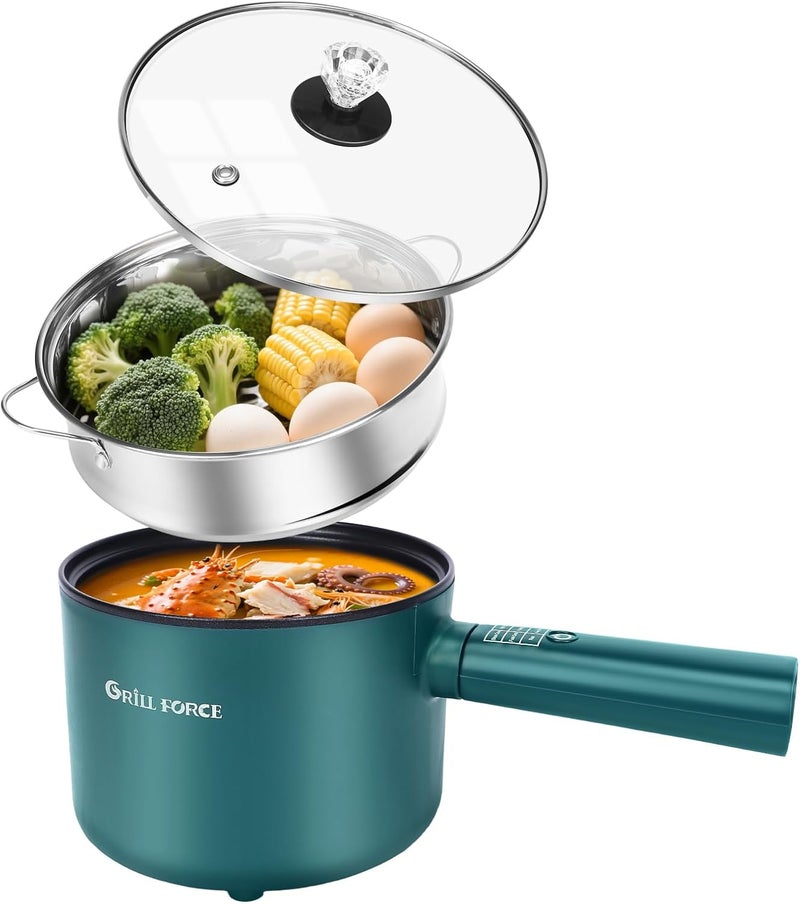 GRILL FORCE Hot Pot Electric with Steamer,6 Smart Modes, 1.8L Ramen Cooker, Portable Cooker, Non-Stick Frying Pan, Sauté Pan, Electric Pot for Pasta, Egg, Steak, BPA Free, College Dorm Room Essential - Image 1